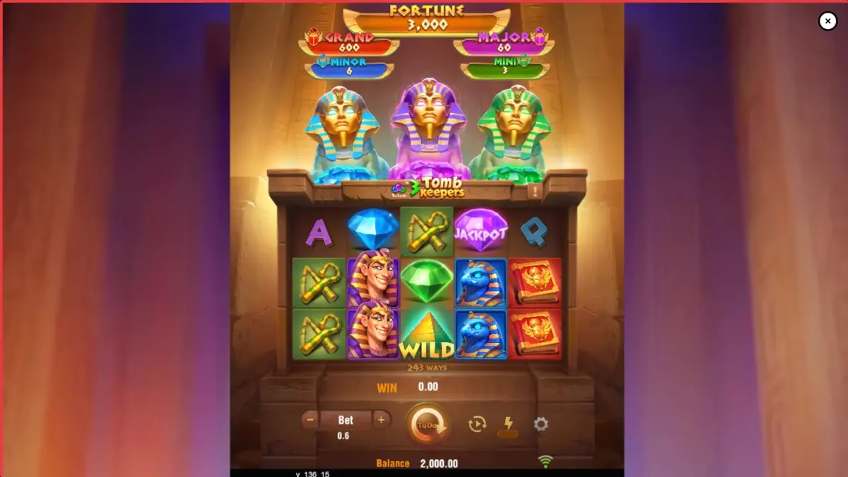Tampilan visual slot 3 Tomb Keepers dengan tema makam Mesir Kuno